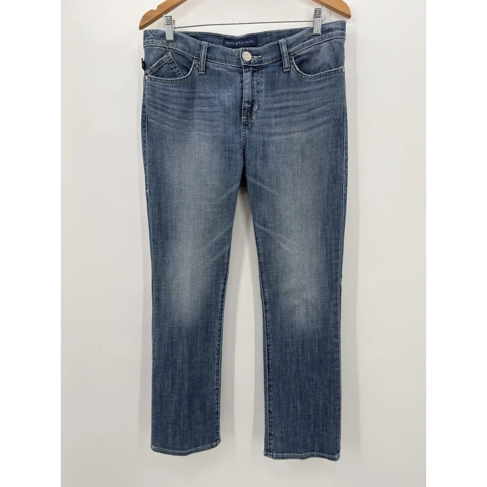 Rock & Republic Kendall Jeans Women's‎ Size 12 Straight Leg Embroidered Pockets